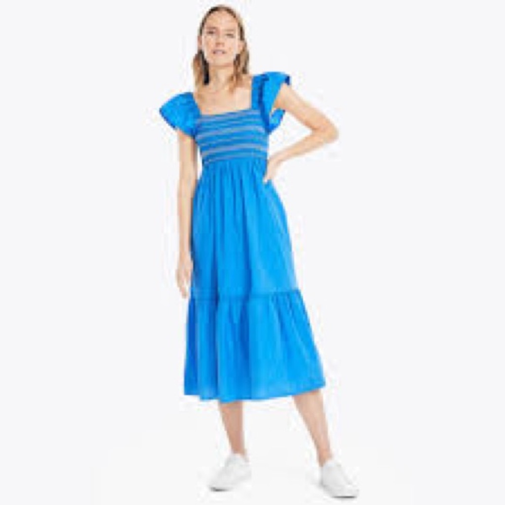 Nautica Dress Womens Size S Blue Smocked Midi Fit & Flare Flutter Sleeve